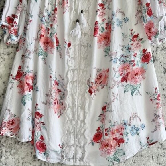 Xhilaration Tunic Dress Size XXL Off the Shoulders White Lace Pink Floral Casual - Picture 4 of 11
